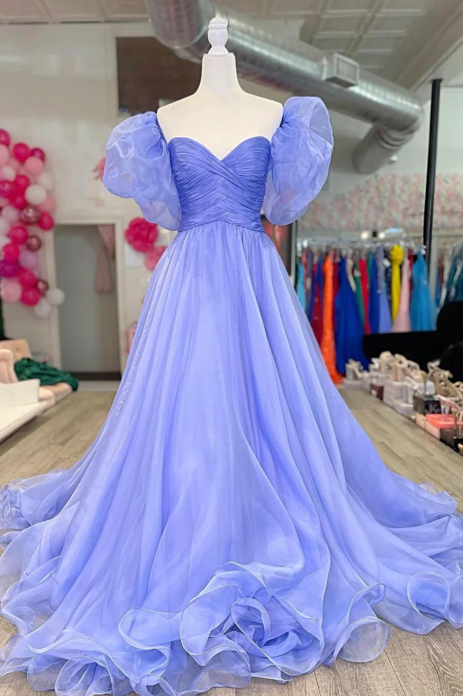 Lovely A-Line Puff Sleeve Pleated Organza Long Prom Dress With Sweep Train