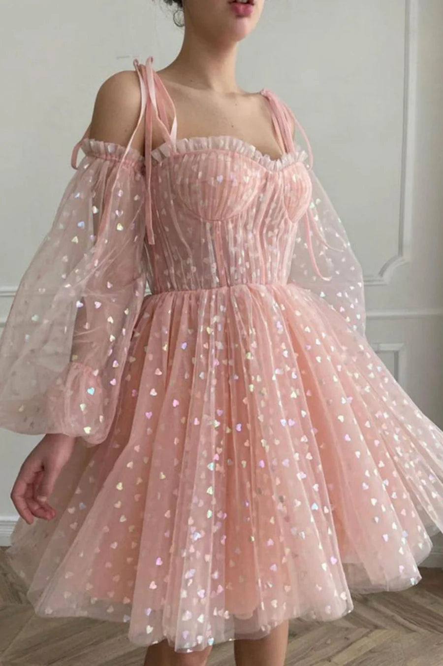 Lovely A-Line Puff Sleeve Sequins Tulle Pink Short Prom Dress Homecoming Dress