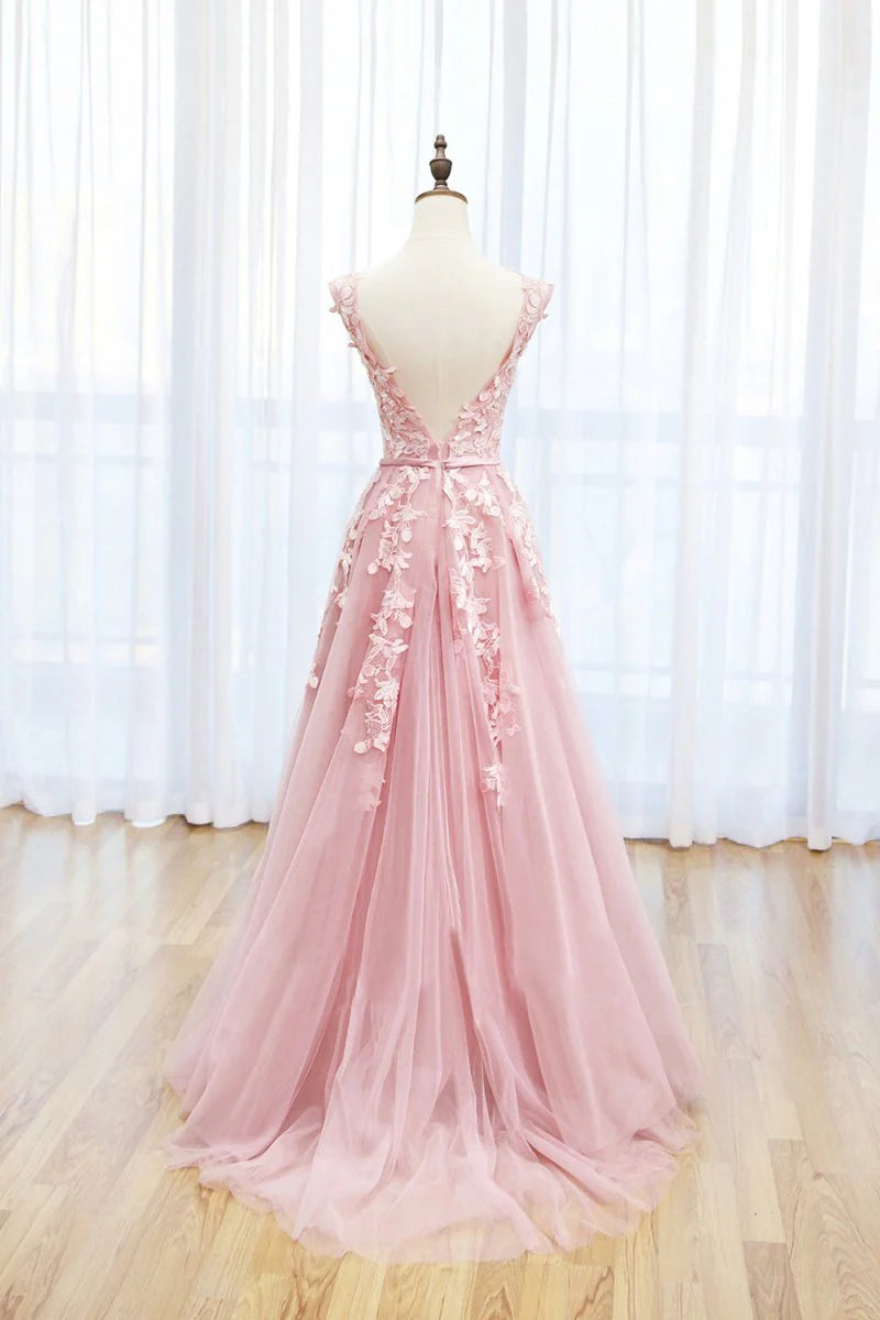 Lovely A-Line Round Neck Applique Lace Tulle Pink Prom Dress Evening Dress
