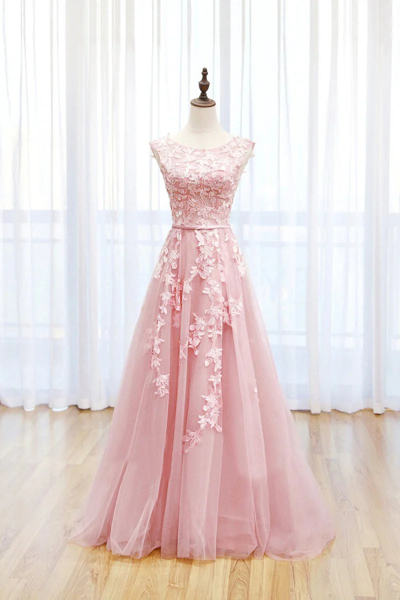 Lovely A-Line Round Neck Applique Lace Tulle Pink Prom Dress Evening Dress