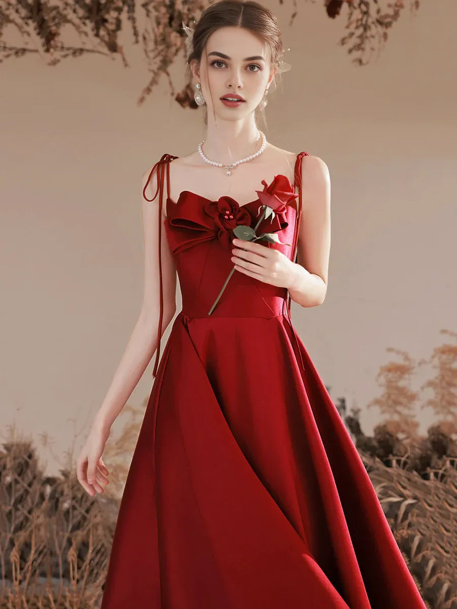Lovely A-Line Spaghetti Straps Flowers Satin Burgundy Long Prom Dress