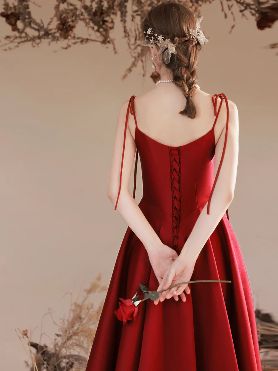 Lovely A-Line Spaghetti Straps Flowers Satin Burgundy Long Prom Dress