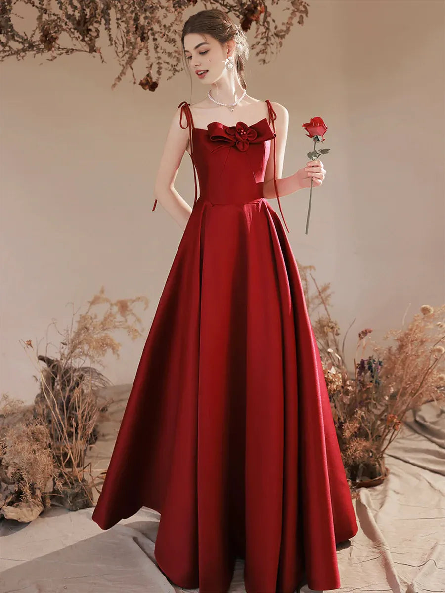 Lovely A-Line Spaghetti Straps Flowers Satin Burgundy Long Prom Dress