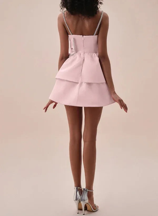 Lovely A-Line Square Neck Rhinestone Bow Satin Pink Short Homecoming Dress
