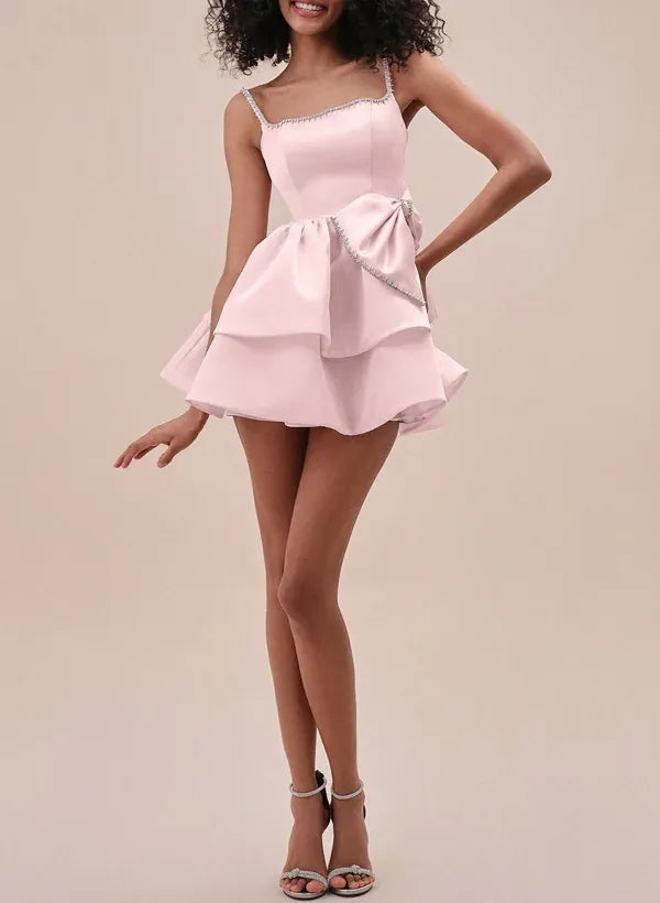 Lovely A-Line Square Neck Rhinestone Bow Satin Pink Short Homecoming Dress