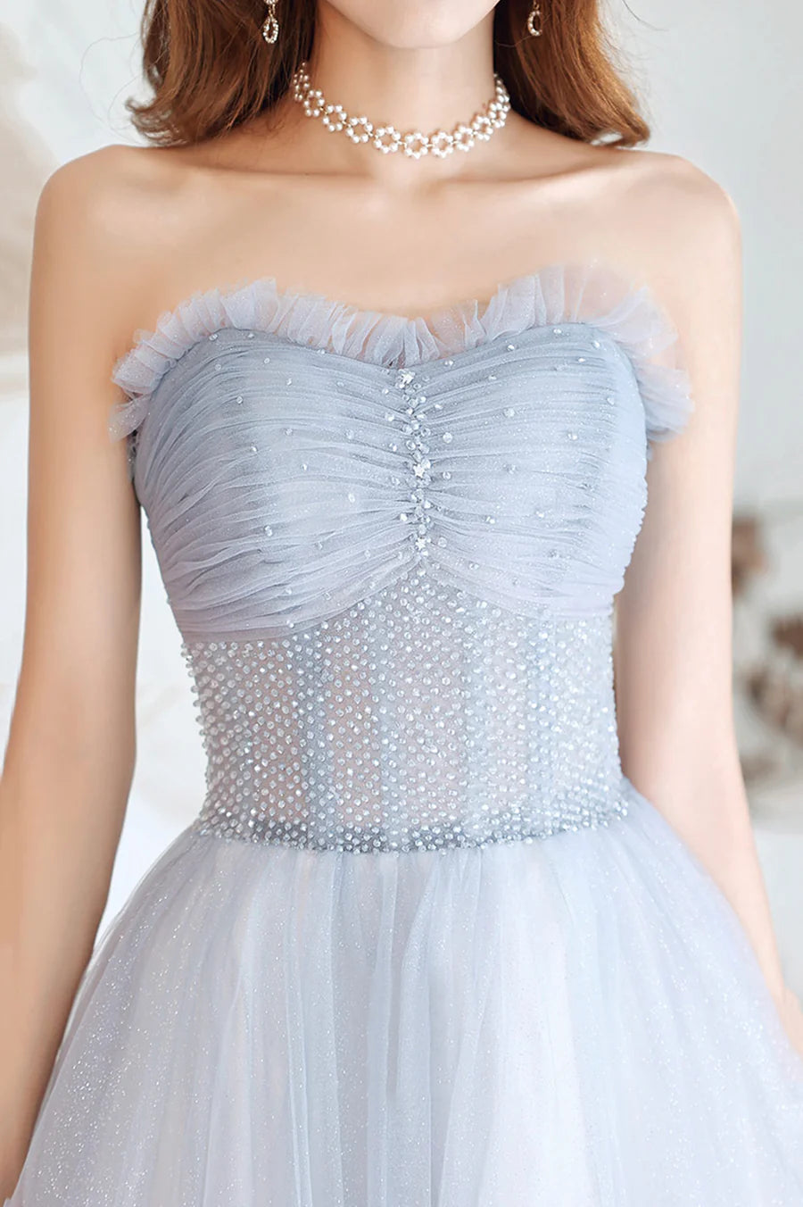 Lovely A-Line Strapless Bodycon Beaded Sequins Tulle Long Prom Dress