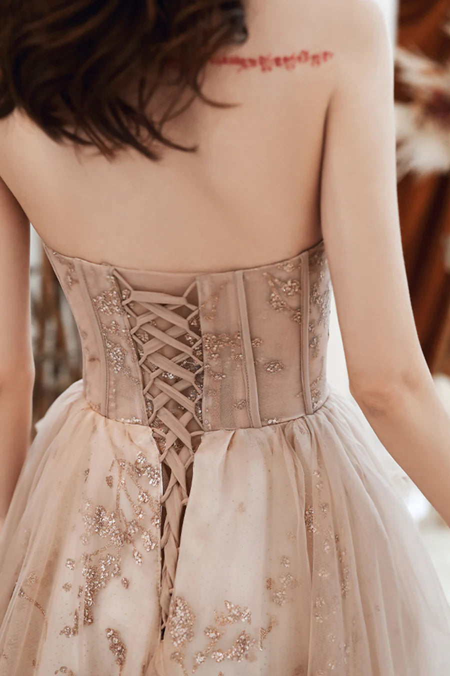 Lovely A-Line Strapless Bodycon Sequined Tiered Tulle Long Prom Dresses