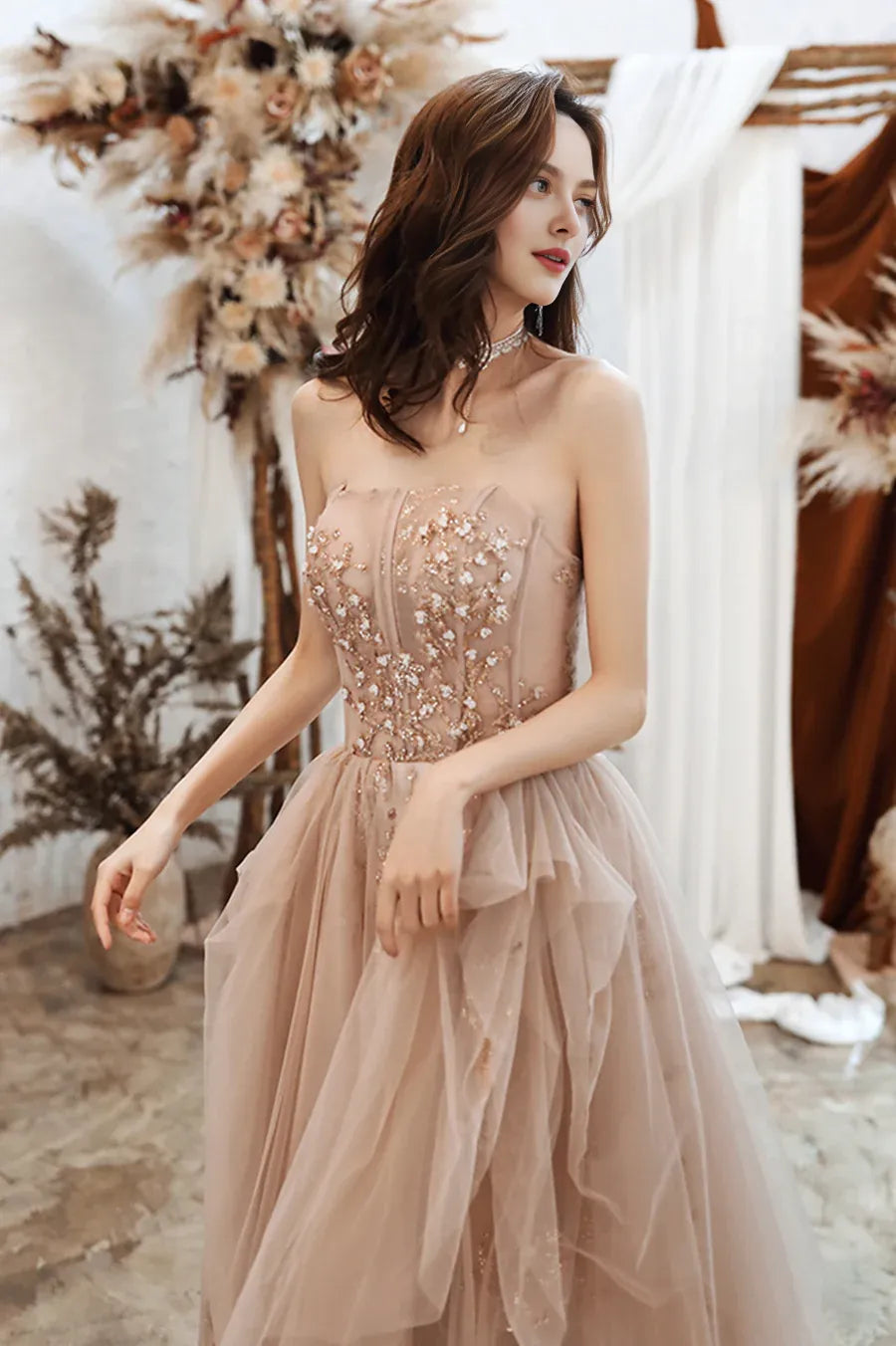 Lovely A-Line Strapless Bodycon Sequined Tiered Tulle Long Prom Dresses