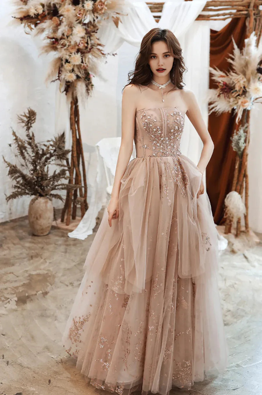 Lovely A-Line Strapless Bodycon Sequined Tiered Tulle Long Prom Dresses