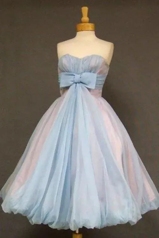 Lovely A-Line Strapless Bow-Accent Ruched Blue Midi Homecoming Dress For Ladies
