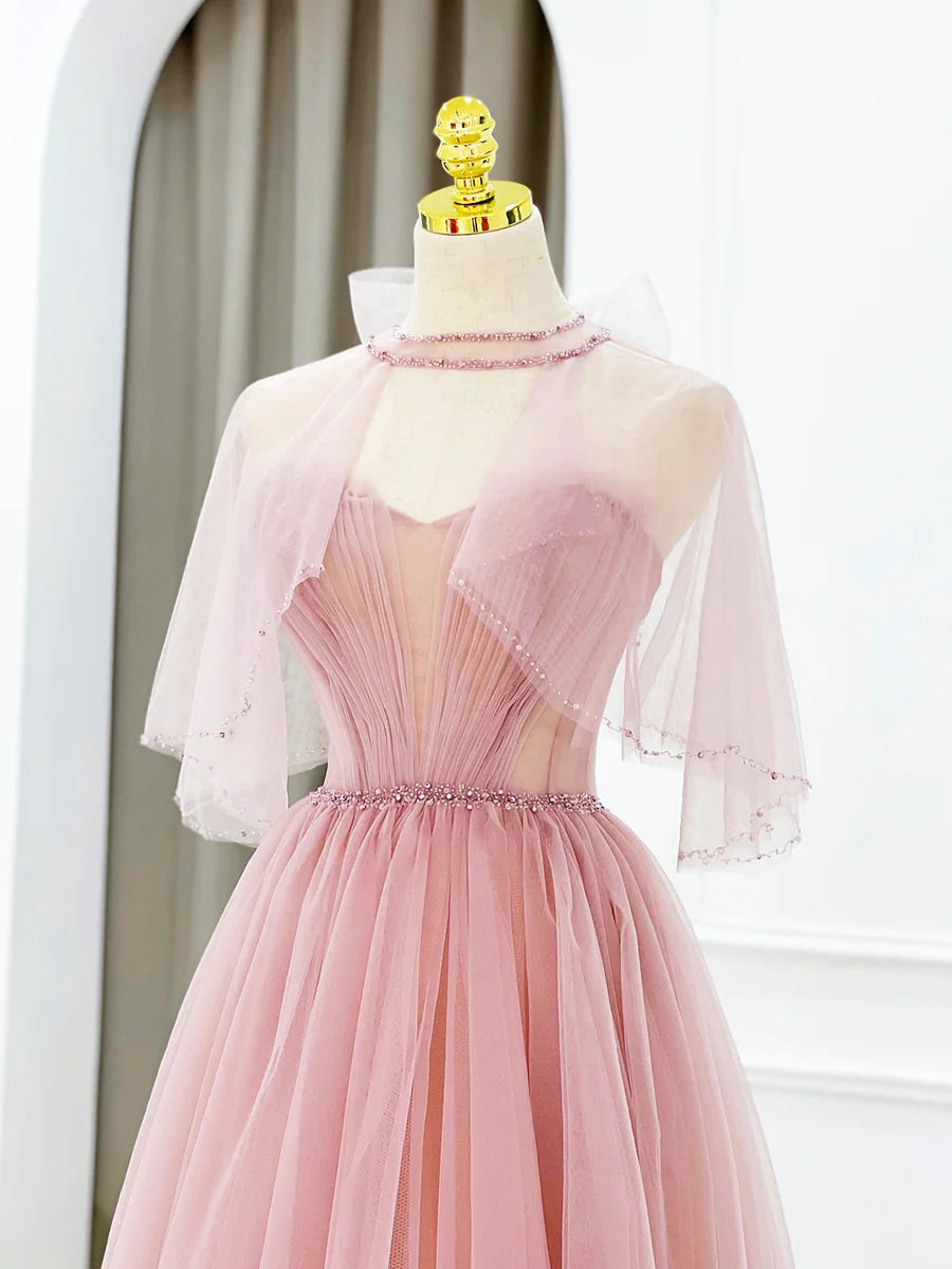 Lovely A-Line Strapless Pleated Beaded Tulle Pink Long Prom Dress With Cape