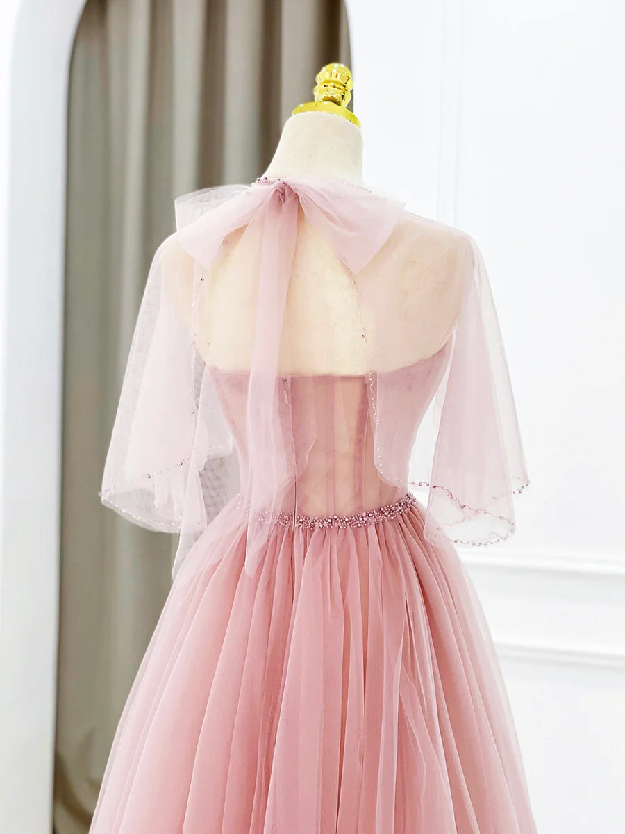 Lovely A-Line Strapless Pleated Beaded Tulle Pink Long Prom Dress With Cape