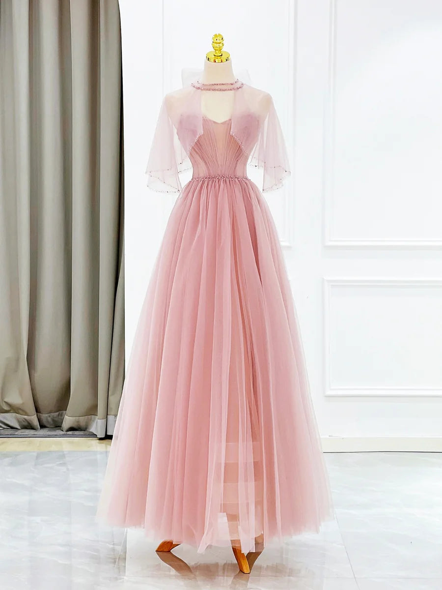 Lovely A-Line Strapless Pleated Beaded Tulle Pink Long Prom Dress With Cape