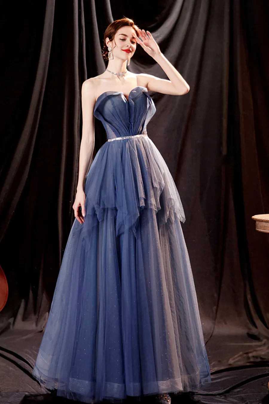 Lovely A-Line Strapless Pleated Sequins Tulle Blue Long Prom Dress With Belt
