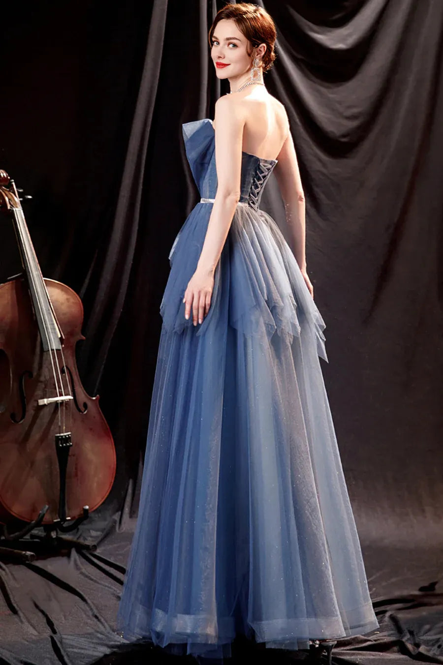 Lovely A-Line Strapless Pleated Sequins Tulle Blue Long Prom Dress With Belt