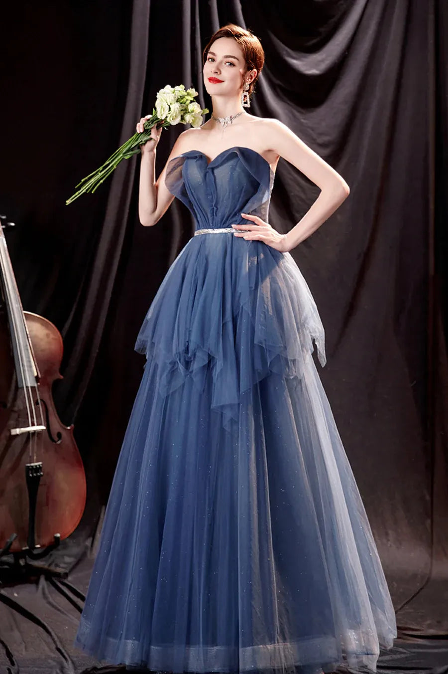 Lovely A-Line Strapless Pleated Sequins Tulle Blue Long Prom Dress With Belt