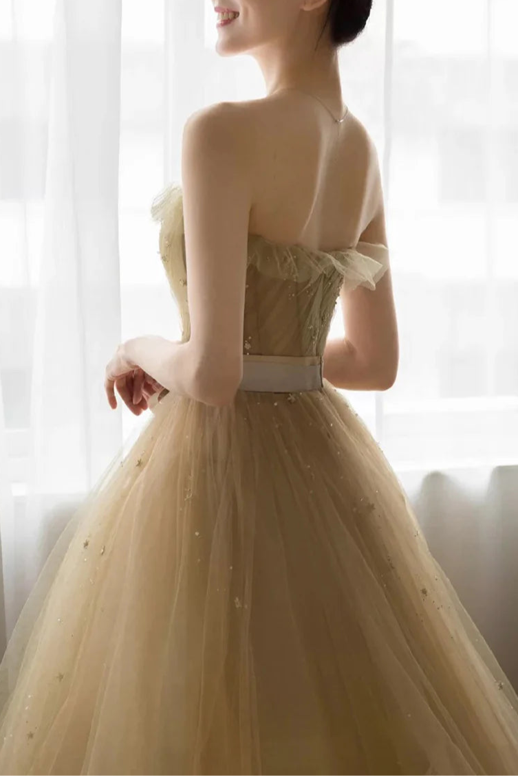 Lovely A-Line Strapless Sleeveless Beaded Tulle Lace Floor Length Prom Dress