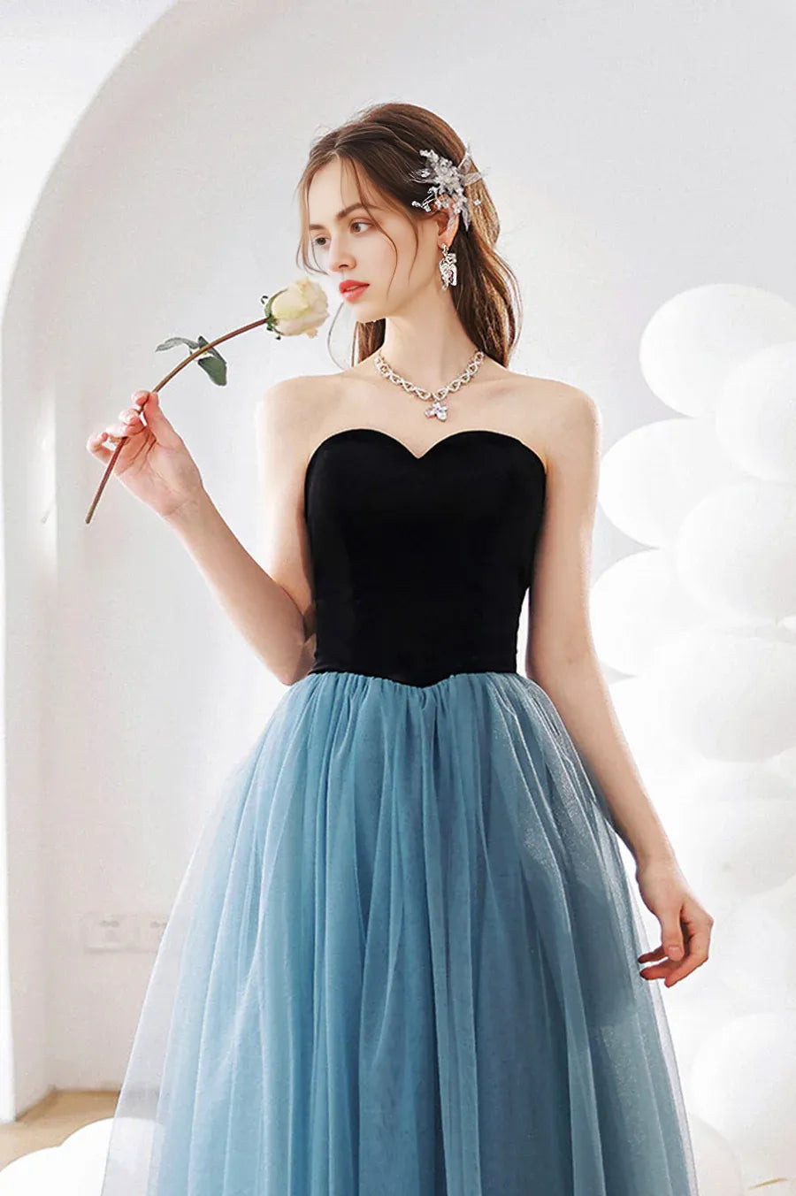 Lovely A-Line Strapless Velvet Black And Tulle Blue Long Prom Dress Homecoming Dress