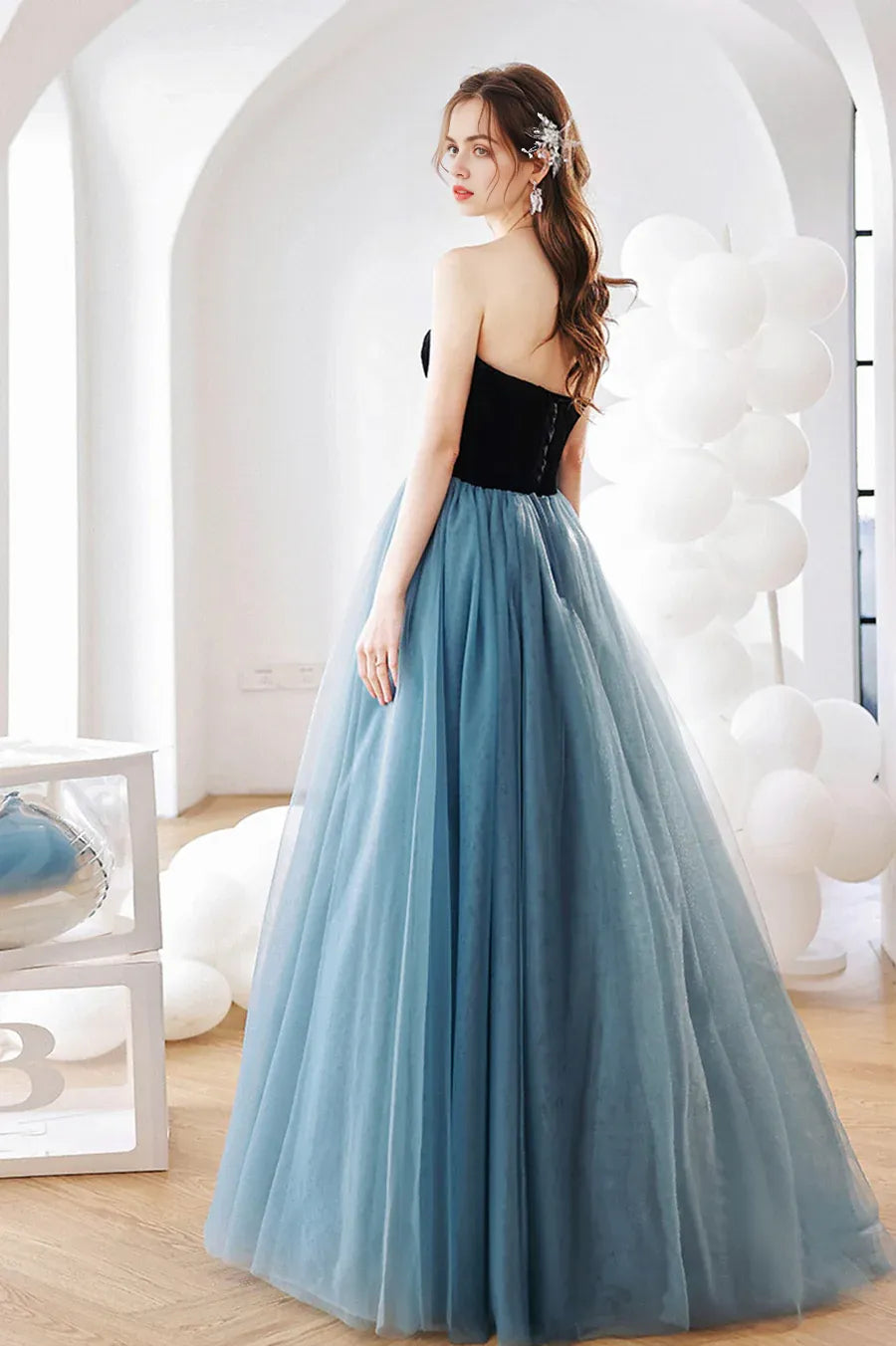 Lovely A-Line Strapless Velvet Black And Tulle Blue Long Prom Dress Homecoming Dress