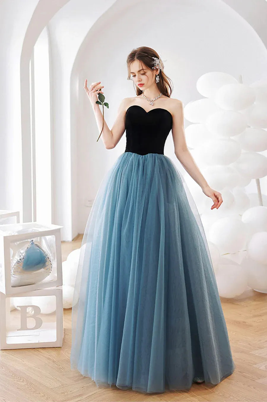 Lovely A-Line Strapless Velvet Black And Tulle Blue Long Prom Dress Homecoming Dress