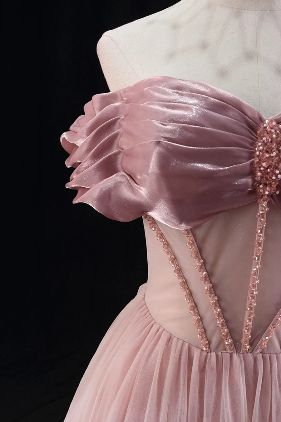 Lovely A-Line Tulle Beaded Pleated Floor Length Prom Dress Off the Shoulder Evening Party Dress