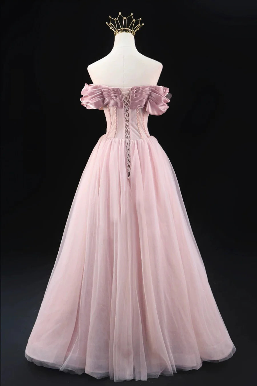 Lovely A-Line Tulle Beaded Pleated Floor Length Prom Dress Off the Shoulder Evening Party Dress