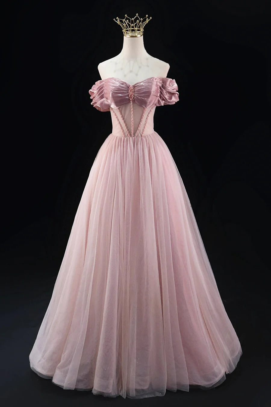Lovely A-Line Tulle Beaded Pleated Floor Length Prom Dress Off the Shoulder Evening Party Dress