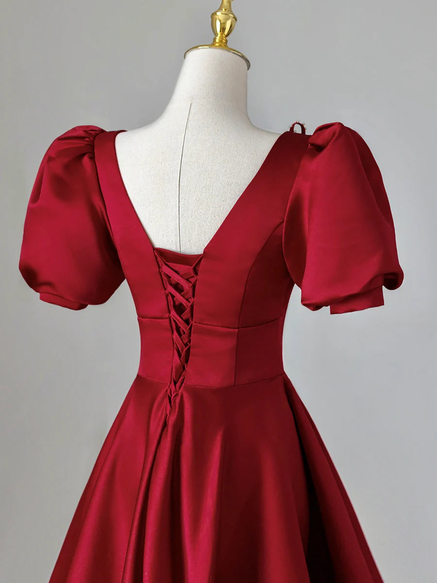 Lovely A-Line V-Neck Short Sleeves Pleated Bow Satin Burgundy Long Prom Dress