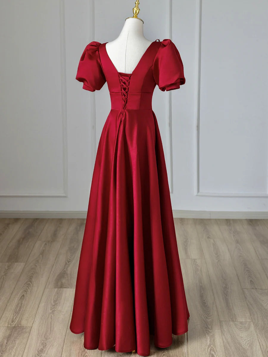 Lovely A-Line V-Neck Short Sleeves Pleated Bow Satin Burgundy Long Prom Dress