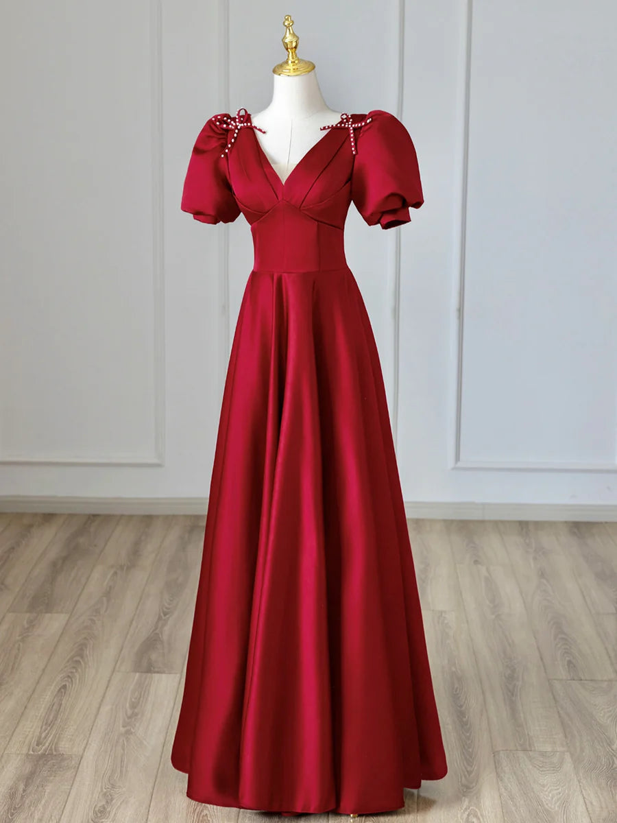 Lovely A-Line V-Neck Short Sleeves Pleated Bow Satin Burgundy Long Prom Dress