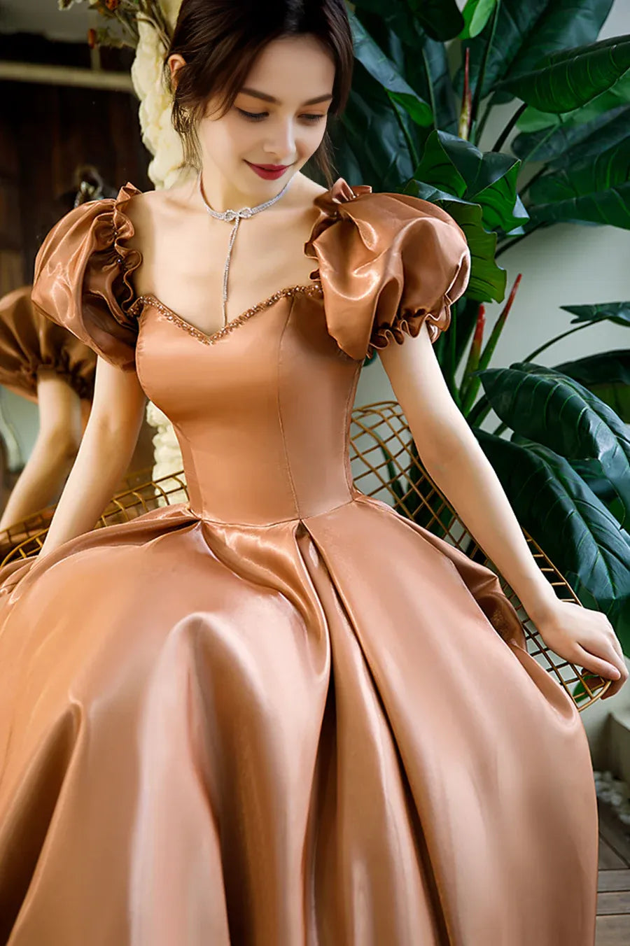 Lovely A-Line V Neck Puff Sleeves Satin Brown Long Prom Dresses With Beaded