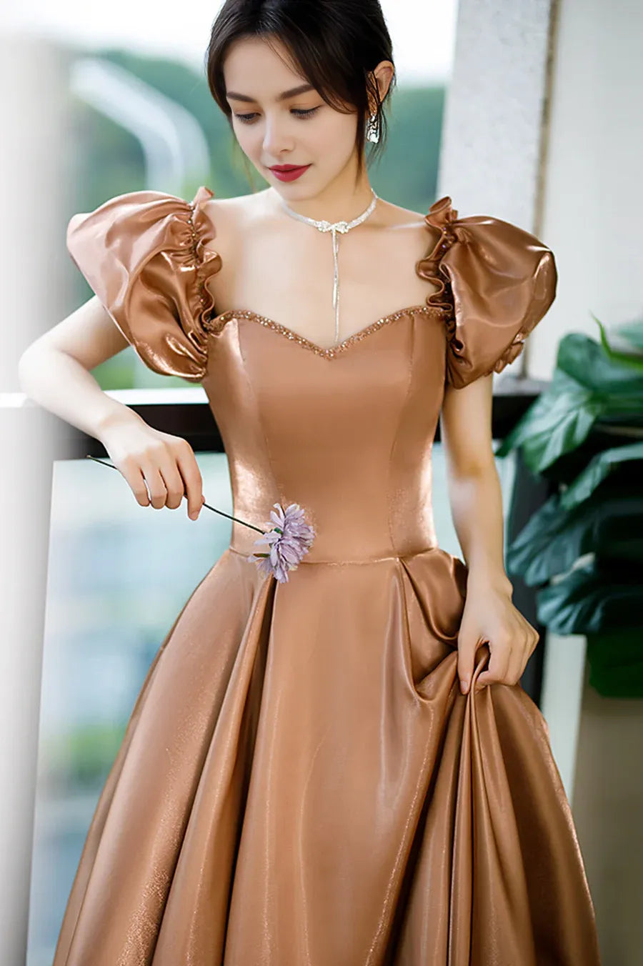 Lovely A-Line V Neck Puff Sleeves Satin Brown Long Prom Dresses With Beaded
