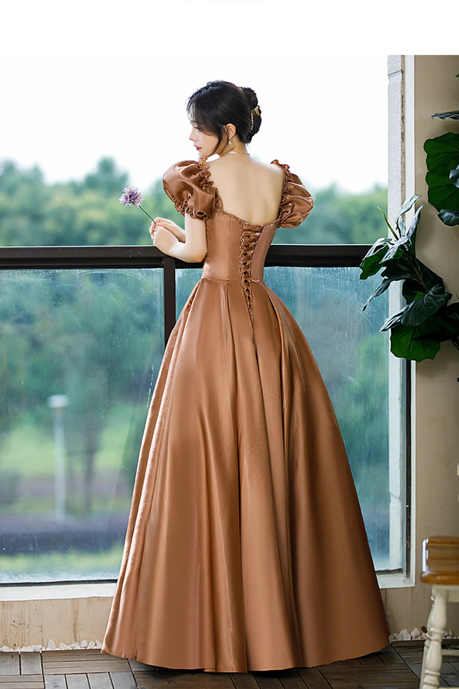 Lovely A-Line V Neck Puff Sleeves Satin Brown Long Prom Dresses With Beaded