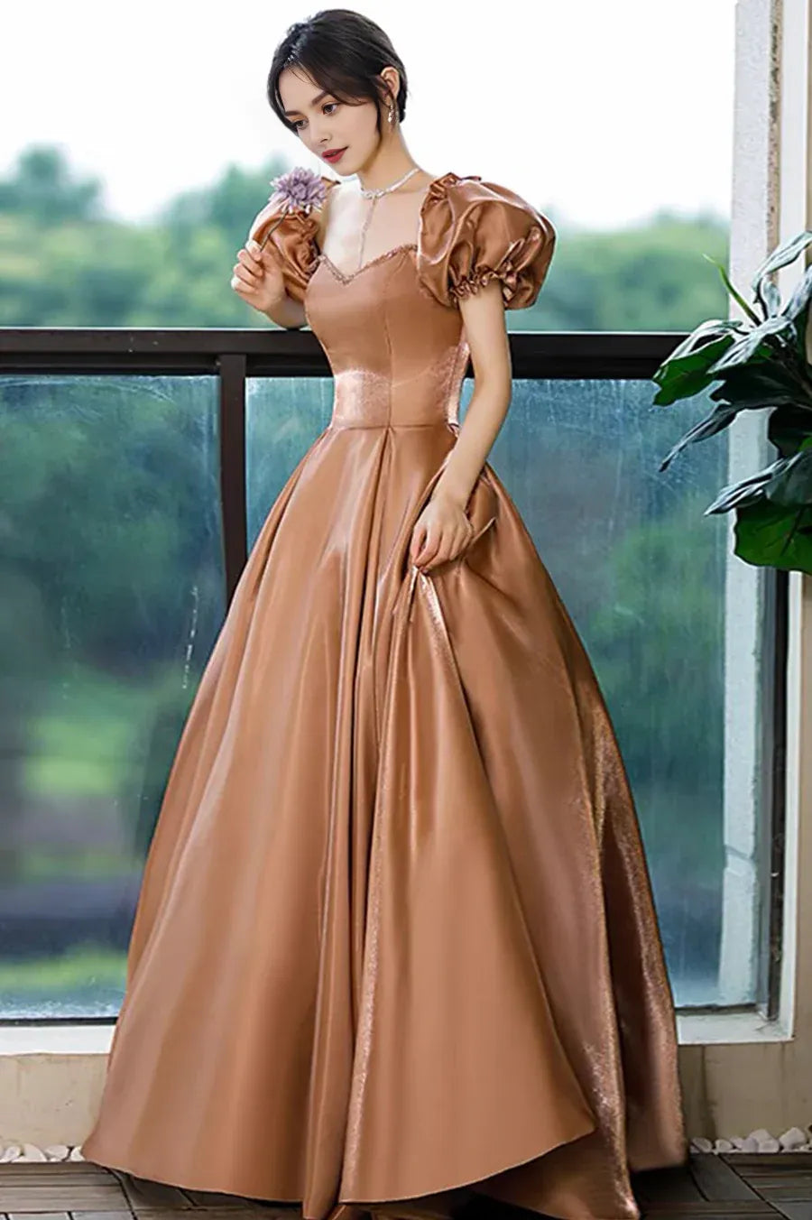 Lovely A-Line V Neck Puff Sleeves Satin Brown Long Prom Dresses With Beaded
