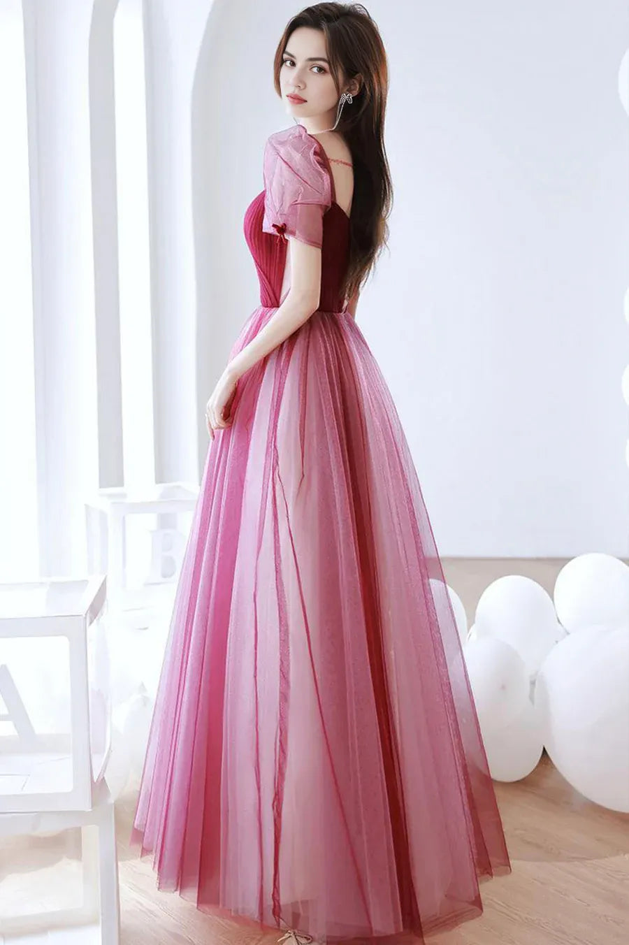Lovely A-Line V Neck Short Sleeves Pleated Tulle Burgundy Long Prom Dress