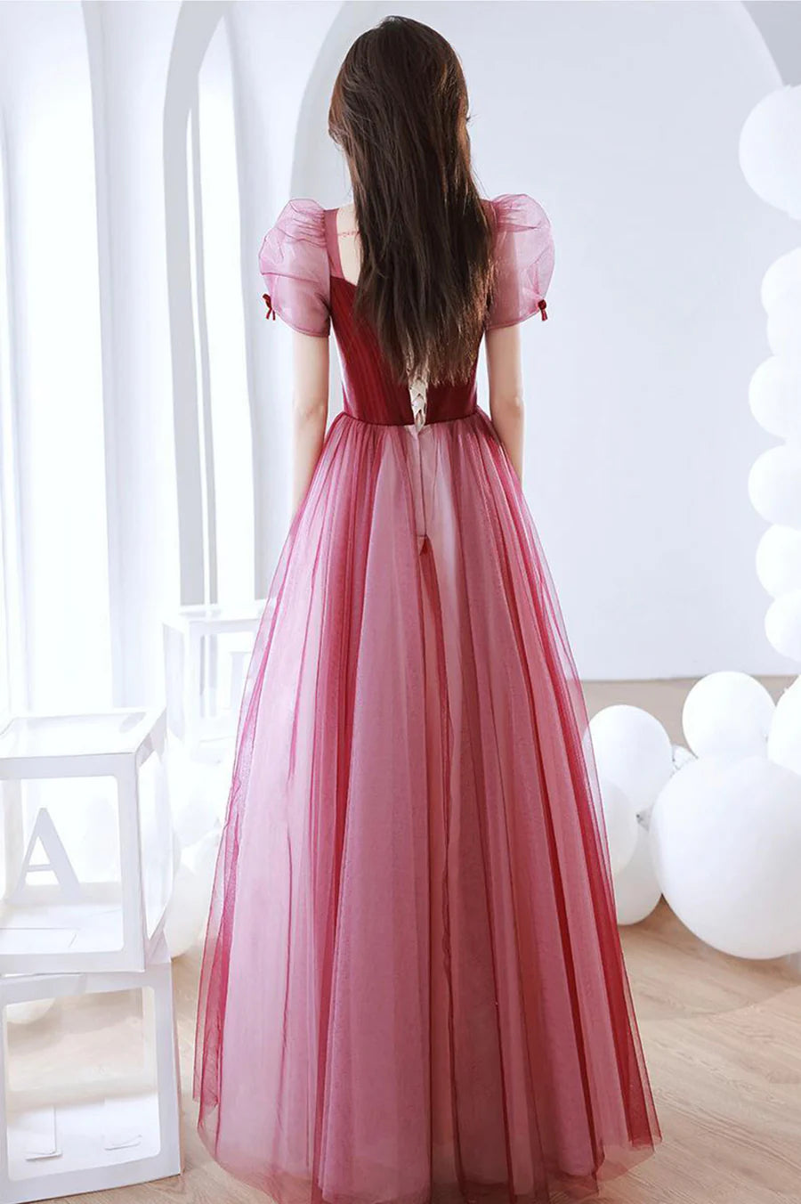 Lovely A-Line V Neck Short Sleeves Pleated Tulle Burgundy Long Prom Dress
