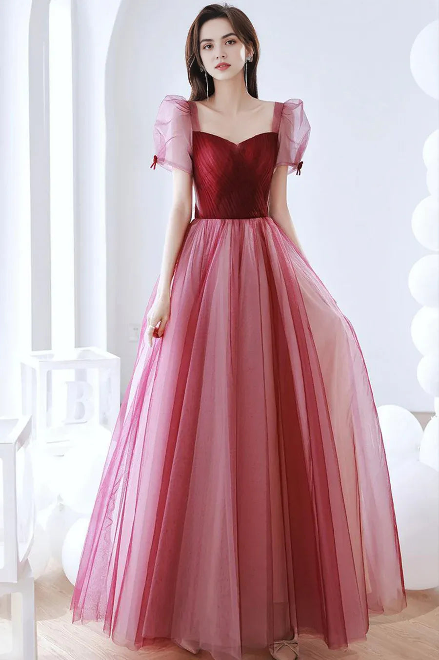 Lovely A-Line V Neck Short Sleeves Pleated Tulle Burgundy Long Prom Dress