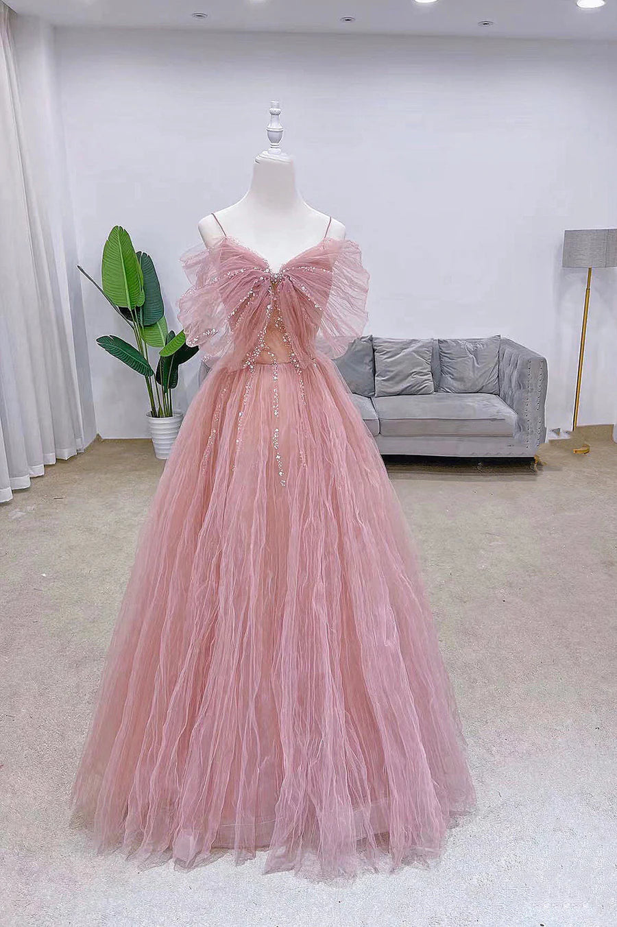 Lovely A-Line V Neck Spaghetti Straps Pleated Tulle Sequins Pink Long Prom Dress