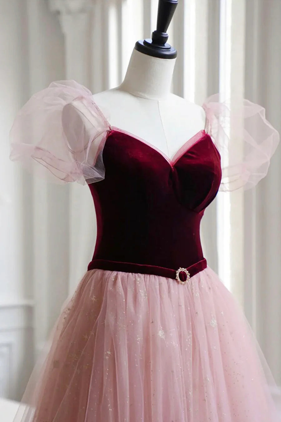 Lovely A-Line V Neck Velvet Burgundy and Tulle Pink Long Prom Dress Party Dress