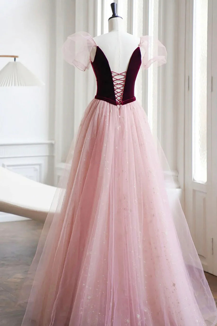 Lovely A-Line V Neck Velvet Burgundy and Tulle Pink Long Prom Dress Party Dress