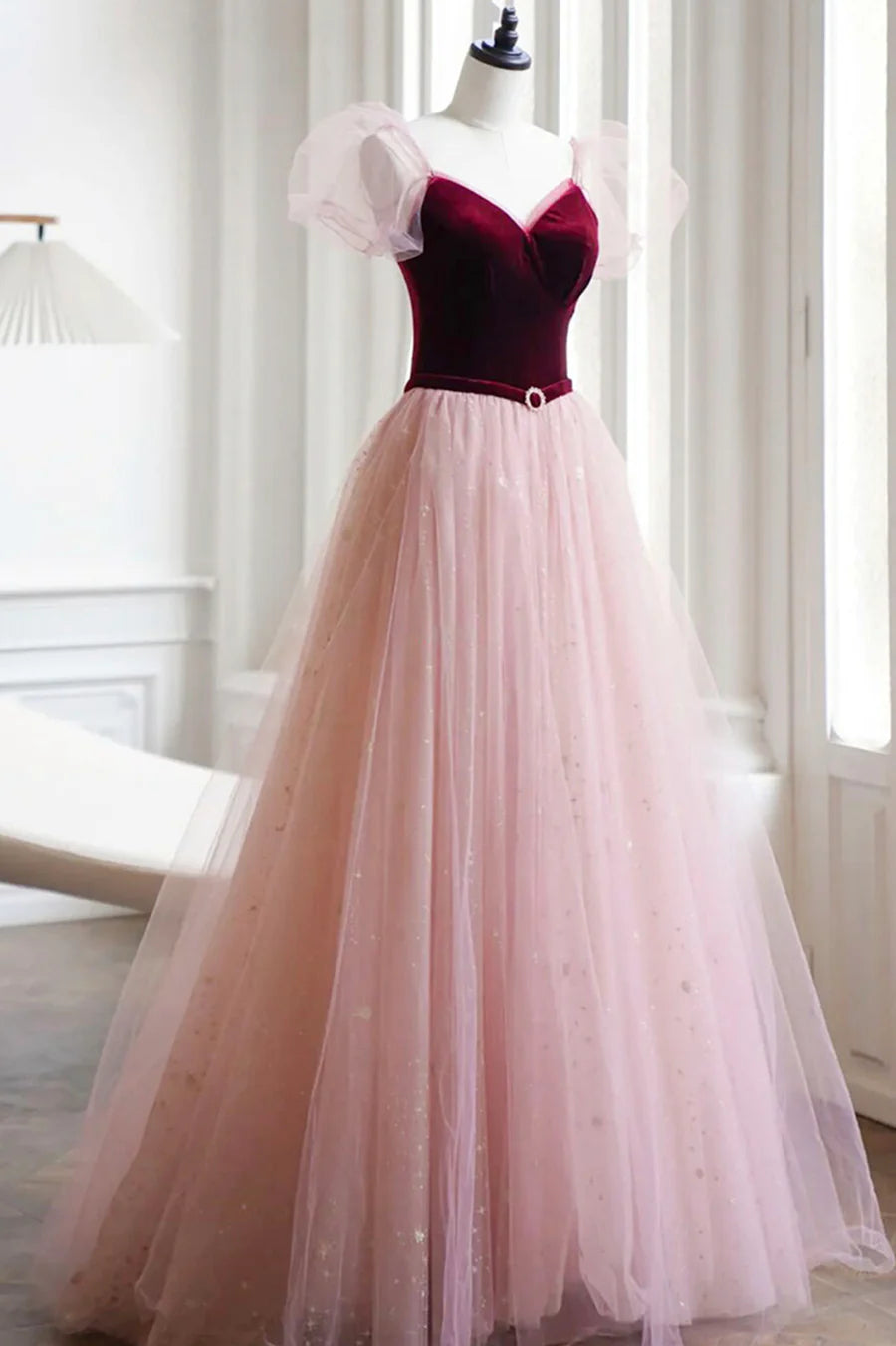 Lovely A-Line V Neck Velvet Burgundy and Tulle Pink Long Prom Dress Party Dress