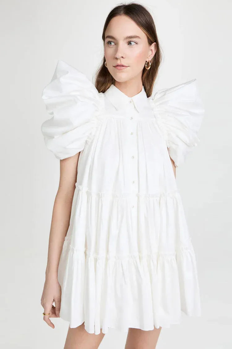 Lovely A-line Collared Puff Sleeve Tiered Ruffled White Mini Homecoming Dress
