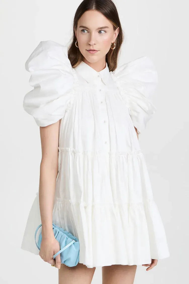 Lovely A-line Collared Puff Sleeve Tiered Ruffled White Mini Homecoming Dress