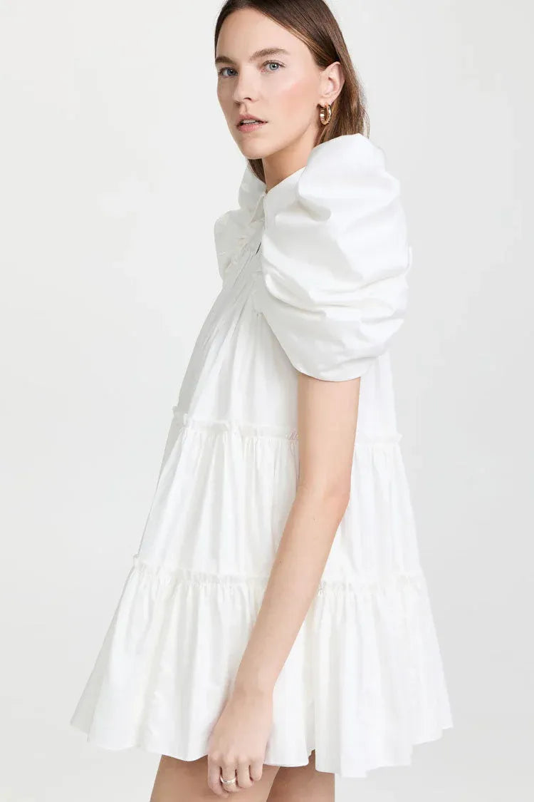 Lovely A-line Collared Puff Sleeve Tiered Ruffled White Mini Homecoming Dress