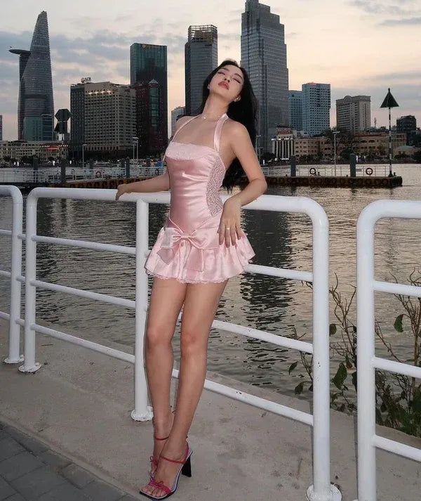 Lovely A-line Halter Bow Lace Satin Pink Short Homecoming Dress Custom