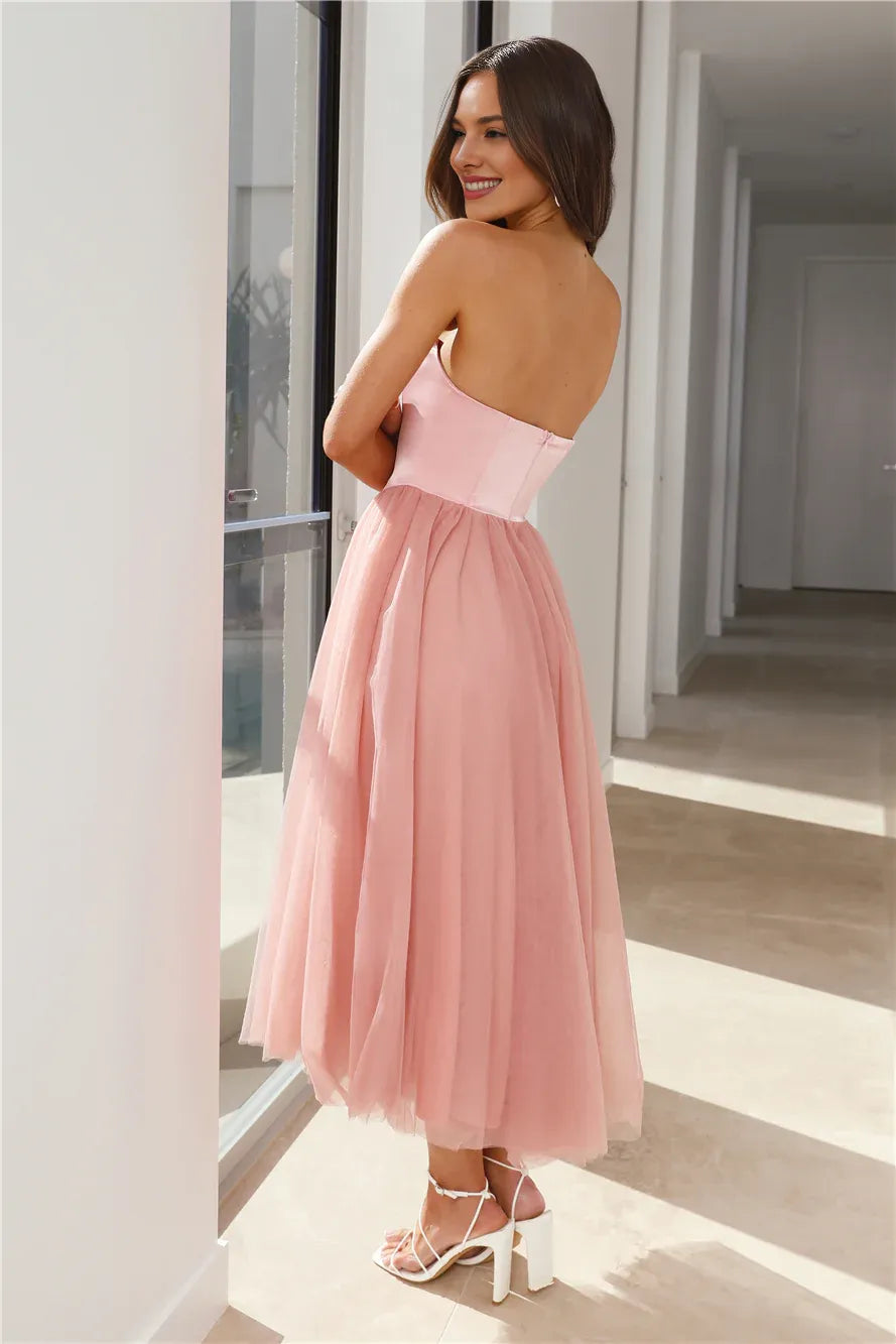 Lovely A-line Strapless Open Back Satin Tulle Pink Midi Prom Dress For Women