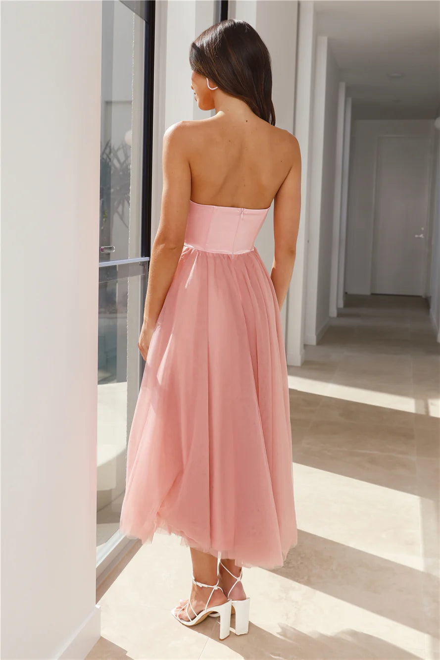 Lovely A-line Strapless Open Back Satin Tulle Pink Midi Prom Dress For Women