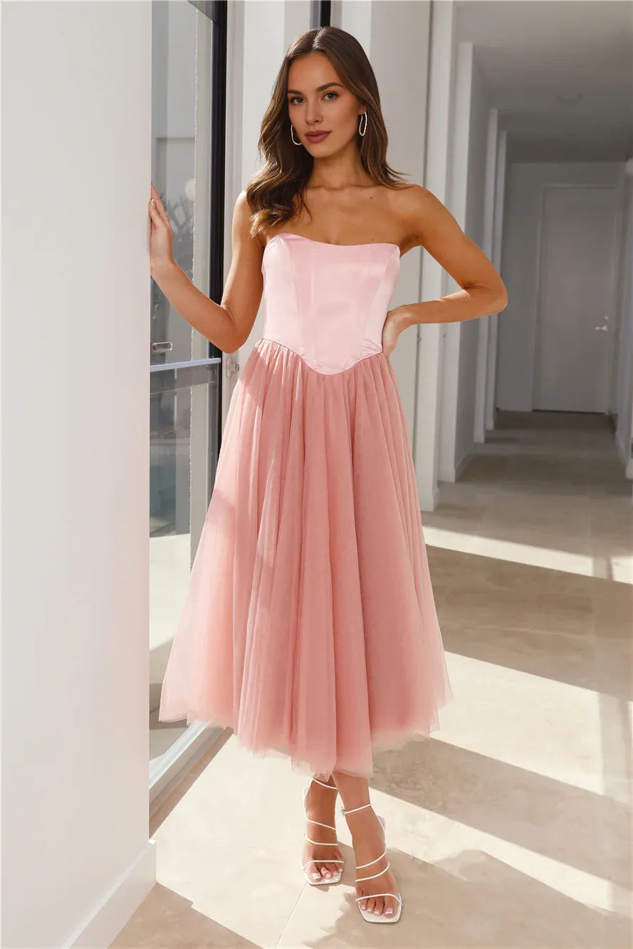 Lovely A-line Strapless Open Back Satin Tulle Pink Midi Prom Dress For Women