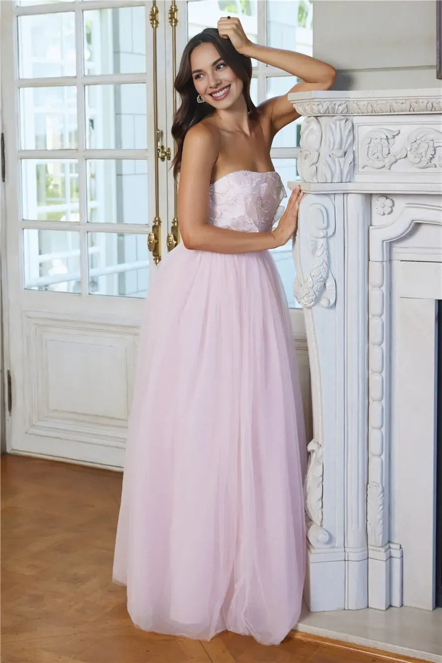Lovely A-line Strapless Open Back Tulle Pink Maxi Prom Dress With Applique