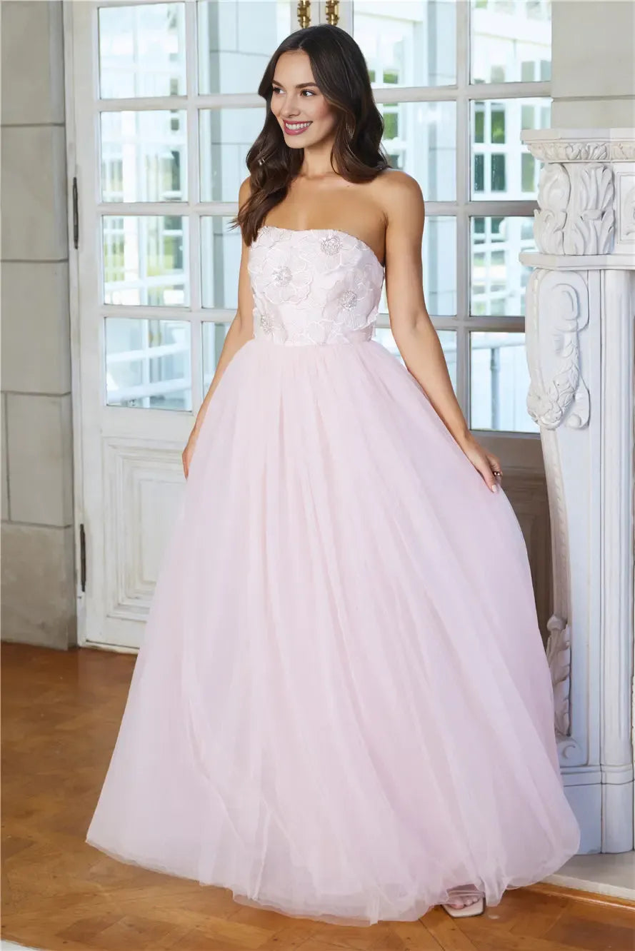 Lovely A-line Strapless Open Back Tulle Pink Maxi Prom Dress With Applique
